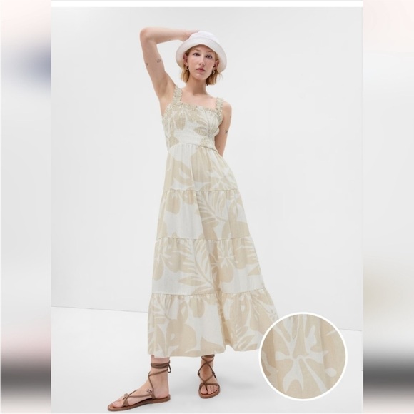 Gap Tan Smocked Botanical Print Linen Blend Maxi Dress Size XL NWT - Picture 1 of 8